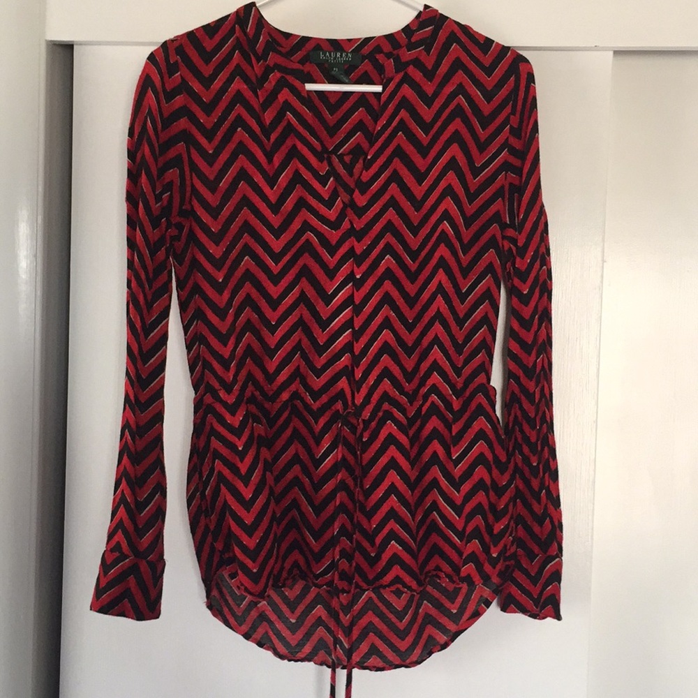 Red and black chevron blouse with pockets